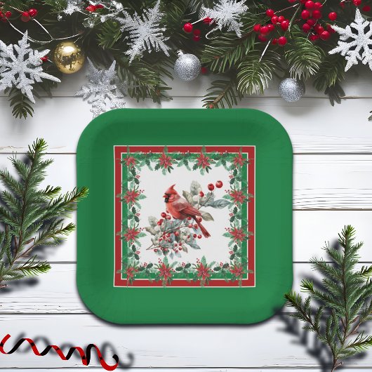 赤モッキンバードポインセチア縁どグリーン ペーパープレート