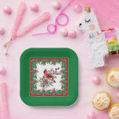 赤モッキンバードポインセチア縁どグリーン ペーパープレート (パーティー)