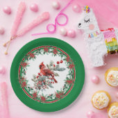 赤モッキンバードポインセチア縁どグリーン ペーパープレート (パーティー)