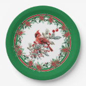 赤モッキンバードポインセチア縁どグリーン ペーパープレート (正面)