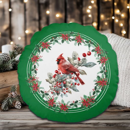 赤モッキンバードポインセチア縁どグリーン ラウンドクッション