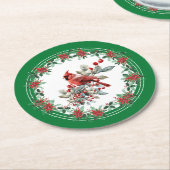 赤モッキンバードポインセチア縁どグリーン ラウンドペーパーコースター (アングル)