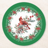赤モッキンバードポインセチア縁どグリーン ラウンドペーパーコースター (正面)