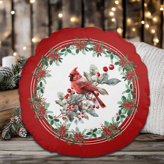 赤モッキンバードポインセテ縁どィア ラウンドクッション