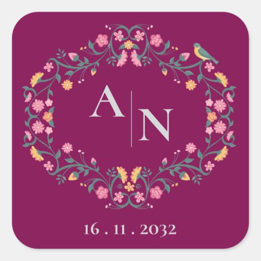 赤モノグラムかわいらしキュートカラフルフローラ結婚ズ スクエアシール (正面)