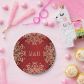 赤モノグラムのと金ゴールドインディアンスタイル結婚の ペーパープレート (パーティー)