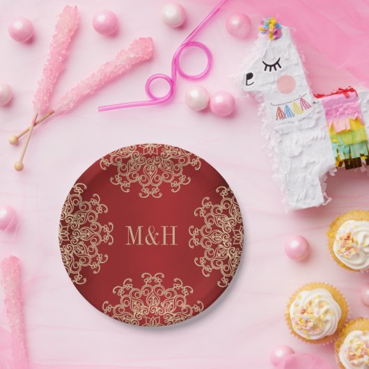 赤モノグラムのと金ゴールドインディアンスタイル結婚の ペーパープレート (パーティー)