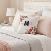 赤モノグラムのスタイリッシュとピンクの花 クッション