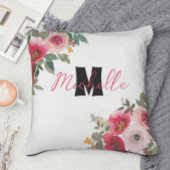 赤モノグラムのスタイリッシュとピンクの花 クッション