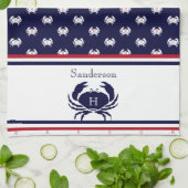 赤モノグラムのネイビーブルーホワイトカニ航海の キッチンタオル (折り畳み)