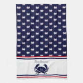 赤モノグラムのネイビーブルーホワイトカニ航海の キッチンタオル (縦)