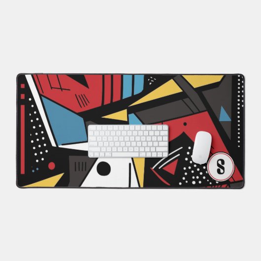 赤モノグラムのモダンと黒の幾何学的抽象芸術 デスクマット (キーボード&マウス)