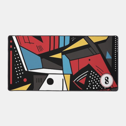 赤モノグラムのモダンと黒の幾何学的抽象芸術 デスクマット (正面)