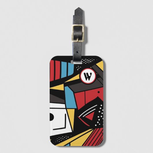 赤モノグラムのモダンと黒の幾何学的抽象芸術 ラゲッジタグ (正面縦)