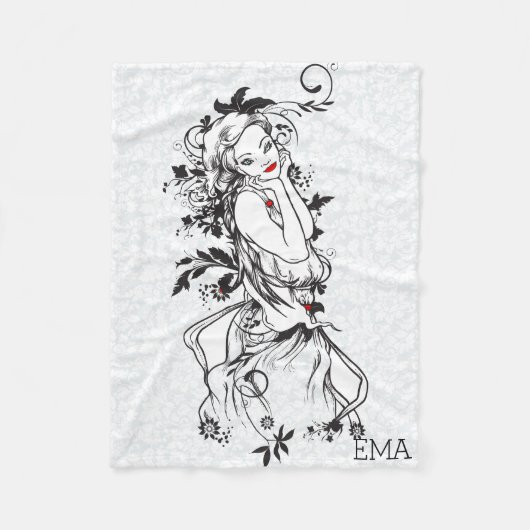 赤モノグラムの唇の女の子 フリースブランケット (正面)