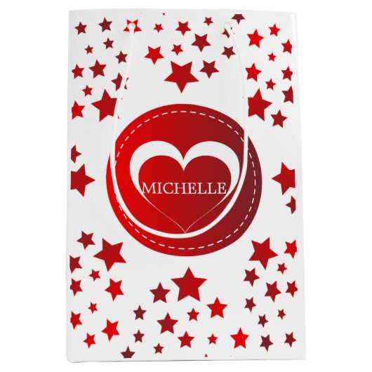 赤モノグラムの星とハート ミディアムペーパーバッグ (正面)