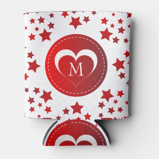 赤モノグラムの星とハート 缶クーラー (正面)