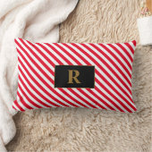 赤モノグラムの白ストライプ腰枕 ランバークッション (ブランケット)