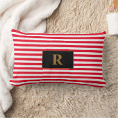 赤モノグラムの白ストライプ腰枕 ランバークッション (ブランケット)