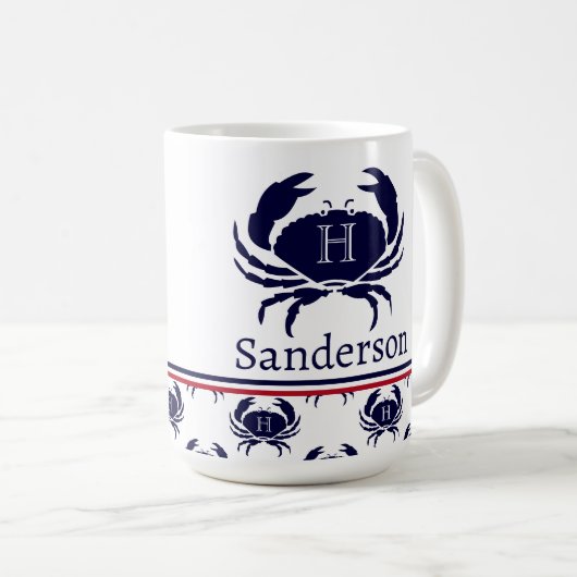 赤モノグラムの白ネイビーブルーカ航海のニ コーヒーマグカップ (正面右)