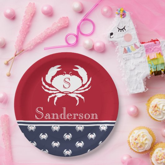 赤モノグラムの白ネイビーブルーカ航海のニ ペーパープレート (パーティー)
