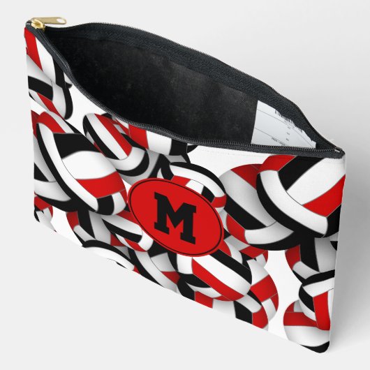 赤モノグラムの色バレーボールパターン アクセサリーポーチ (見開き)