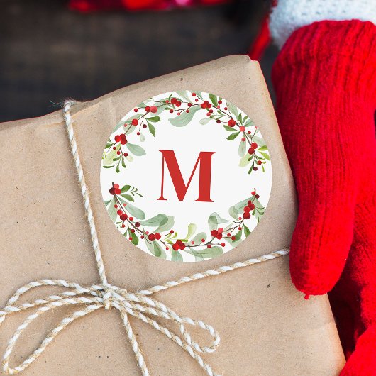 赤モノグラムモダンリースベリークリスマス ラウンドシール