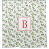 赤モノグラム |クリスマスホリーのベリー葉のショー シャワーカーテン (正面)