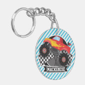 赤モンスタートラック市松模様に旗;青いストライプ キーホルダー (正面左)