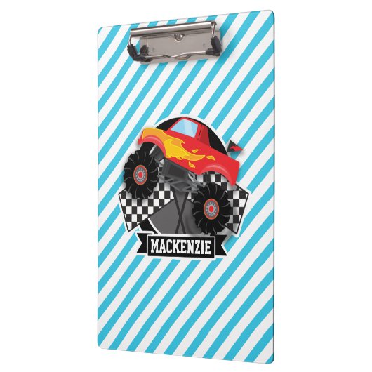 赤モンスタートラック市松模様に旗;青いストライプ クリップボード (左)
