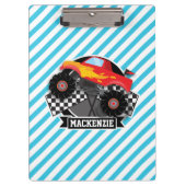 赤モンスタートラック市松模様に旗;青いストライプ クリップボード (正面)