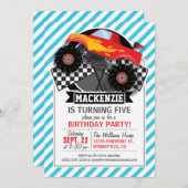 赤モンスタートラック市松模様に旗；青いストライプ 招待状 (正面/裏面)