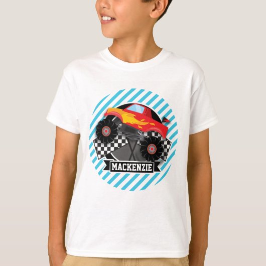 赤モンスタートラック市松模様に旗;青いストライプ Tシャツ (正面)