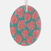 赤モンステラ：緑の熱帯パターン ガラスオーナメント (正面右)
