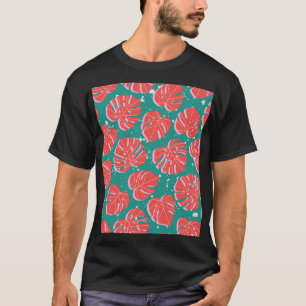 赤モンステラ:緑の熱帯パターン Tシャツ