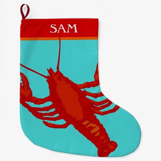 赤ユニセックスロブスター甲殻類パーソナライズされた ラージクリスマスストッキング (正面)