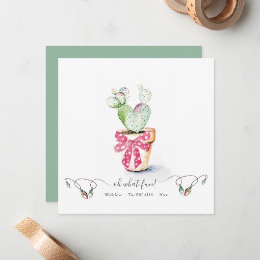 赤ユニークと緑かわいいサボテンのクリスマス ノートカード (正面/裏面インサイチュ)