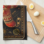 赤ユニークと金ゴールドジンジャーブレッドマン抽象芸術Chris キッチンタオル (四つ折り)