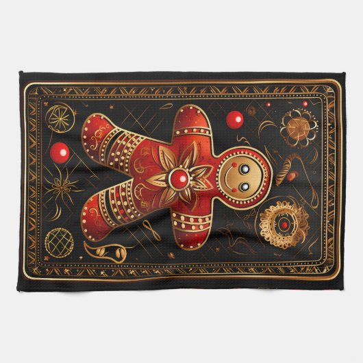 赤ユニークと金ゴールドジンジャーブレッドマン抽象芸術Chris キッチンタオル (横)