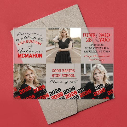 赤ユニークと黒の卒業式3写真フロスト アクリル招待状