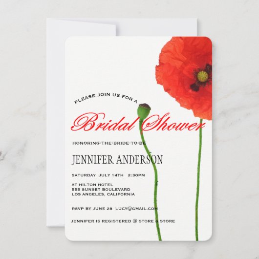 赤ユニークポピーフローラシンプルブライダルシャワー 招待状 (正面)