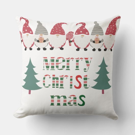 赤ユニーク緑と白の木々を持つ文字サンタ クッション (正面)