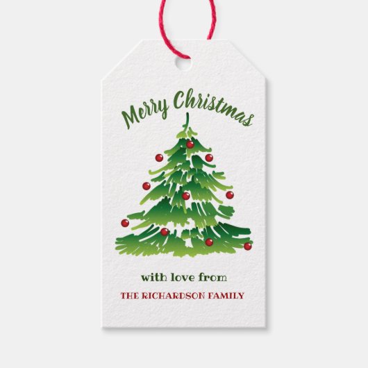 赤ユニーク緑のクリスマスツリーを白カスタム色 ギフトタグ (正面)