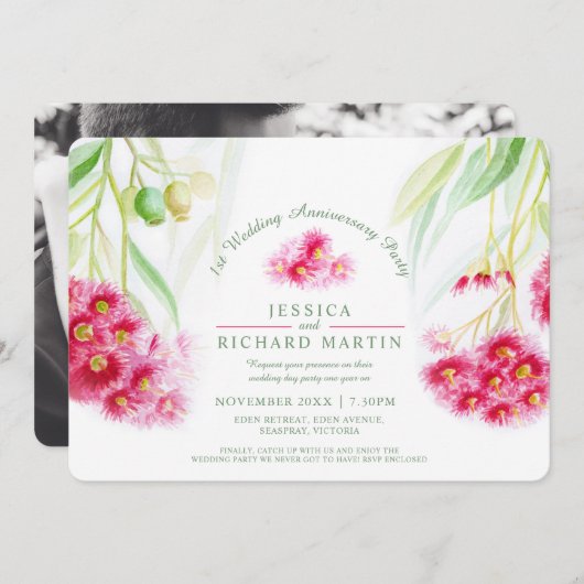 赤ユーカリプトゥスグムナッツウォーターカラー1stウェディングパーティー 招待状 (正面/裏面)