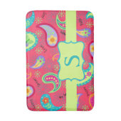 赤ライムグリーンモノグラムモダンペイズリーパターン バスマット (正面縦)