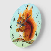 赤リス絵画水彩時計 ラージ壁時計 (傾斜)