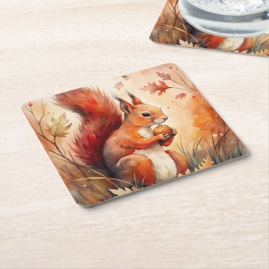 赤リス食べの木の実 スクエアペーパーコースター (アングル)