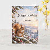 赤リス 雪景色の林 冬の誕生日 カード (黄色い花)