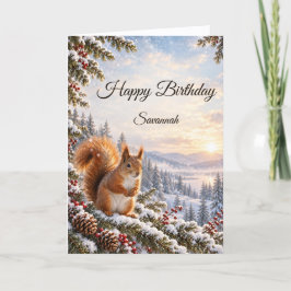 赤リス 雪景色の林 冬の誕生日 カード
