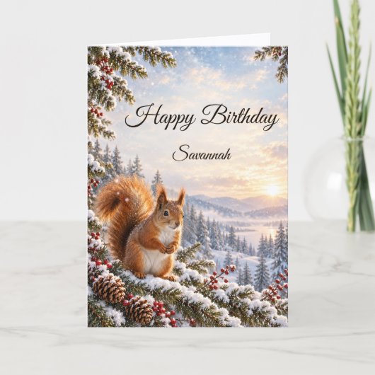 赤リス 雪景色の林 冬の誕生日 カード (正面)